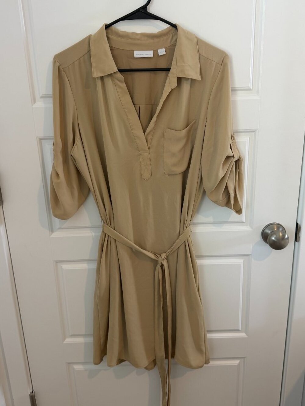 New York & Company Tan Shirt Dress Belted Roll Tab Sleeve Women's Medium